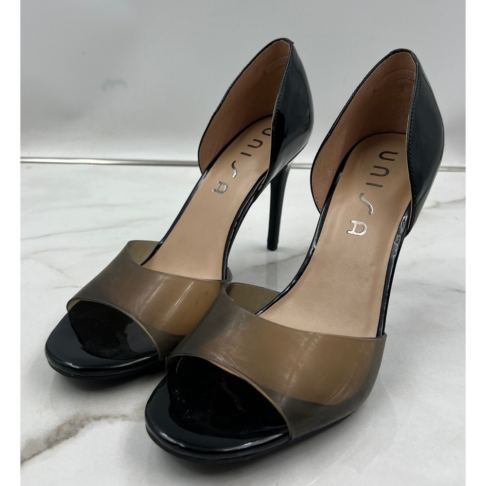 Unisa d'Orsay Stiletto Shoes Women's SZ 9M Black Patent Leather Clear PVC Heels